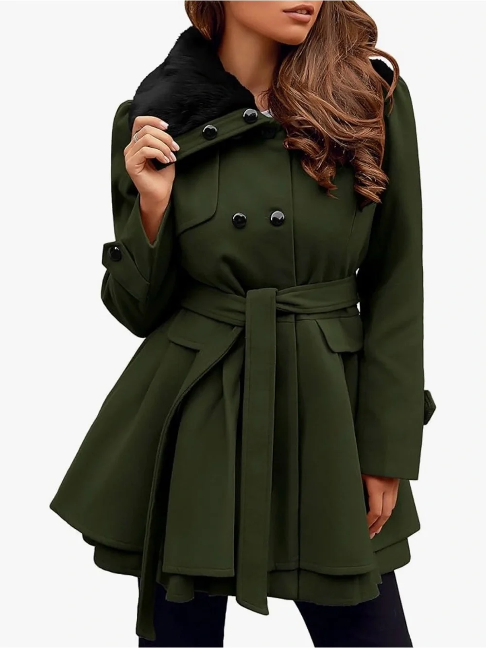 zeagoo Olive Green Trench Coat with Black Faux Fur Collar